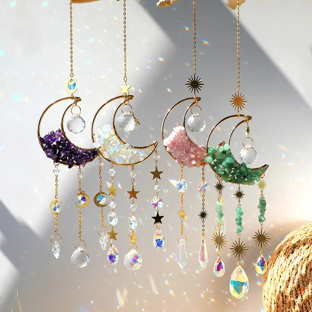 Celestial Crystal Suncatcher — Moon & Rainbow Window Prism | Starseed