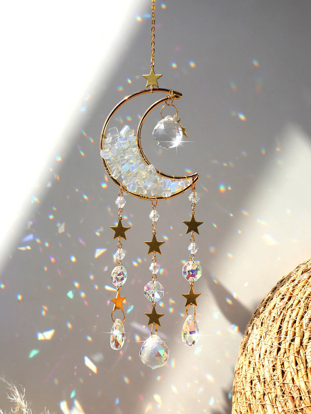 Celestial Crystal Suncatcher — Moon & Rainbow Window Prism | Starseed