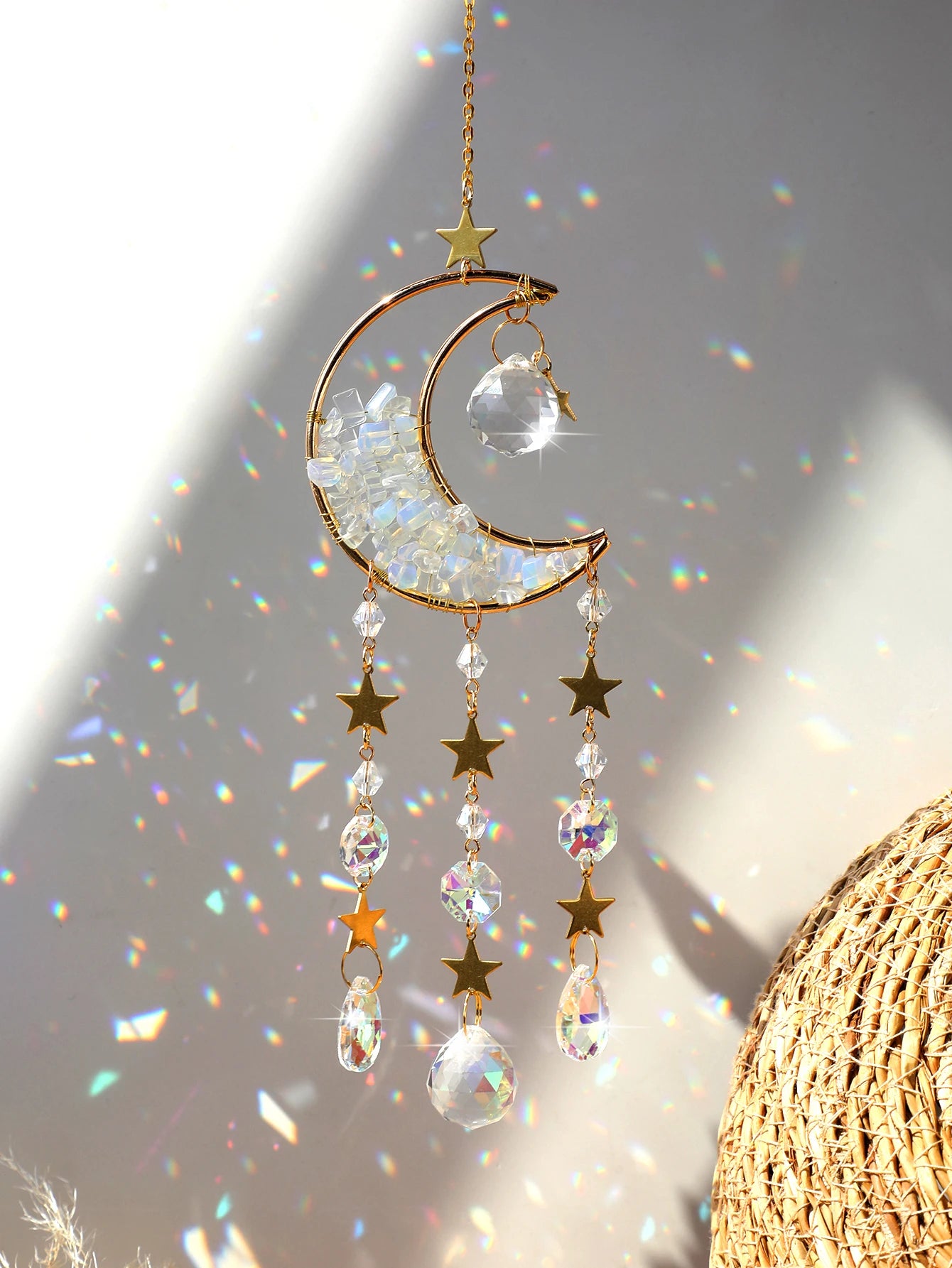 Celestial Crystal Suncatcher — Moon & Rainbow Window Prism | Starseed