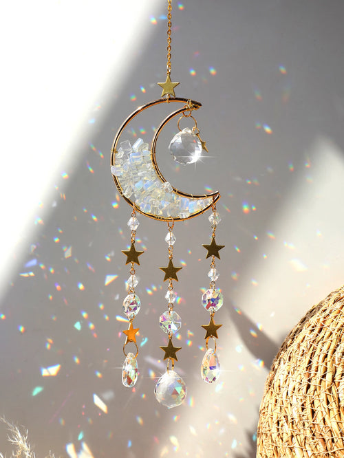 Celestial Crystal Suncatcher — Moon & Rainbow Window Prism | Starseed