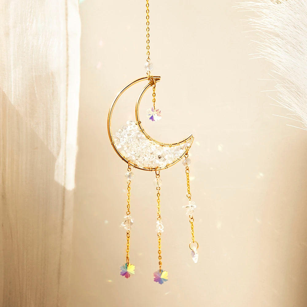 Celestial Crystal Suncatcher — Moon & Rainbow Window Prism | Starseed