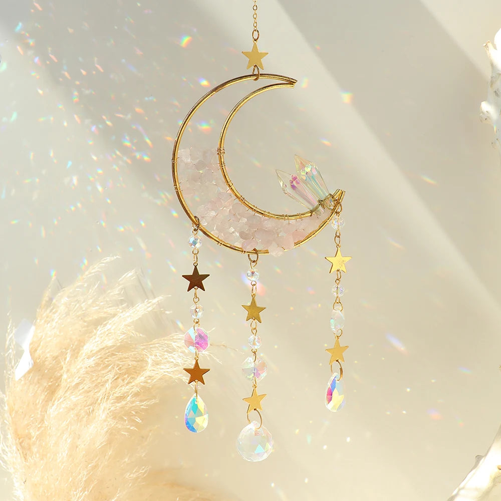 Celestial Crystal Suncatcher — Moon & Rainbow Window Prism | Starseed