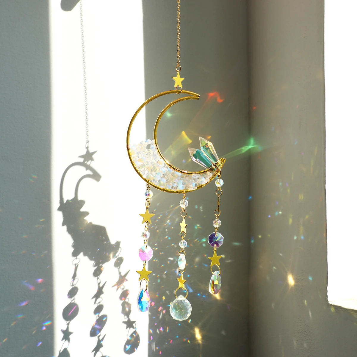 Celestial Crystal Suncatcher — Moon & Rainbow Window Prism | Starseed
