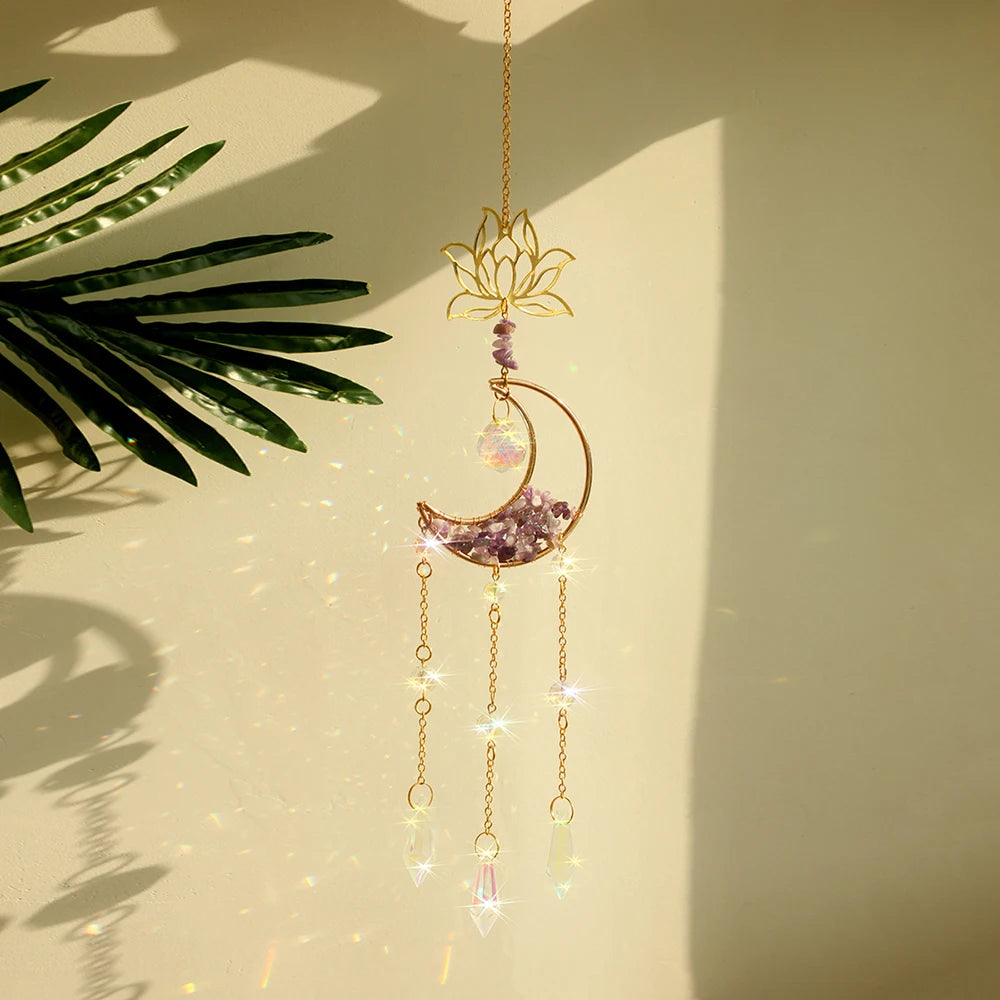 Celestial Crystal Suncatcher — Moon & Rainbow Window Prism | Starseed