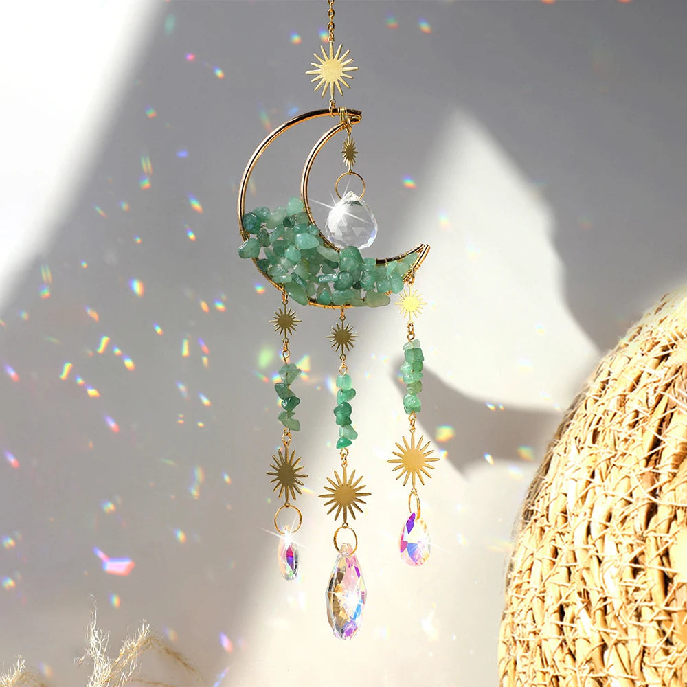Celestial Crystal Suncatcher — Moon & Rainbow Window Prism | Starseed