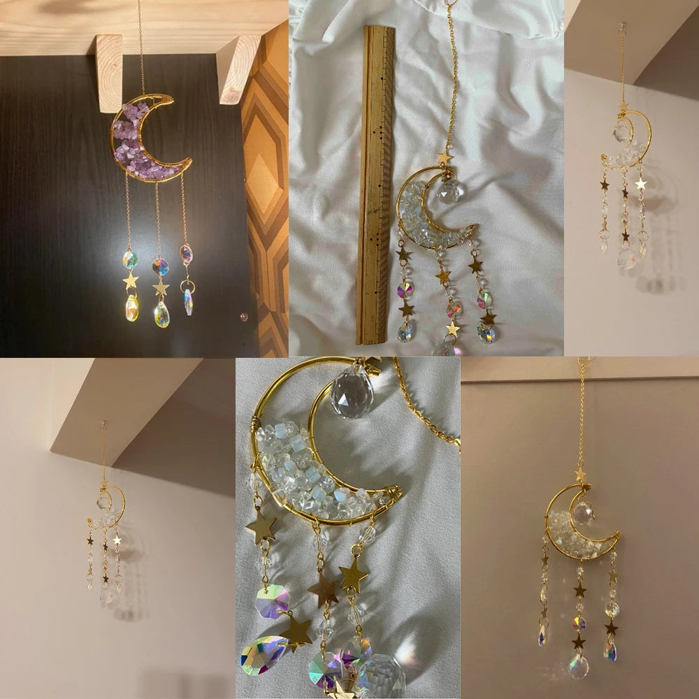 Celestial Crystal Suncatcher — Moon & Rainbow Window Prism | Starseed