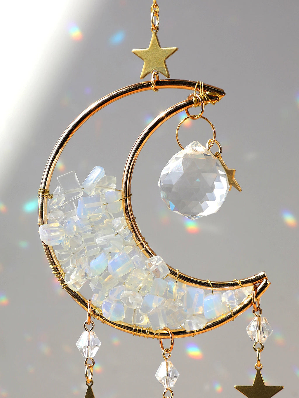 Celestial Crystal Suncatcher — Moon & Rainbow Window Prism | Starseed