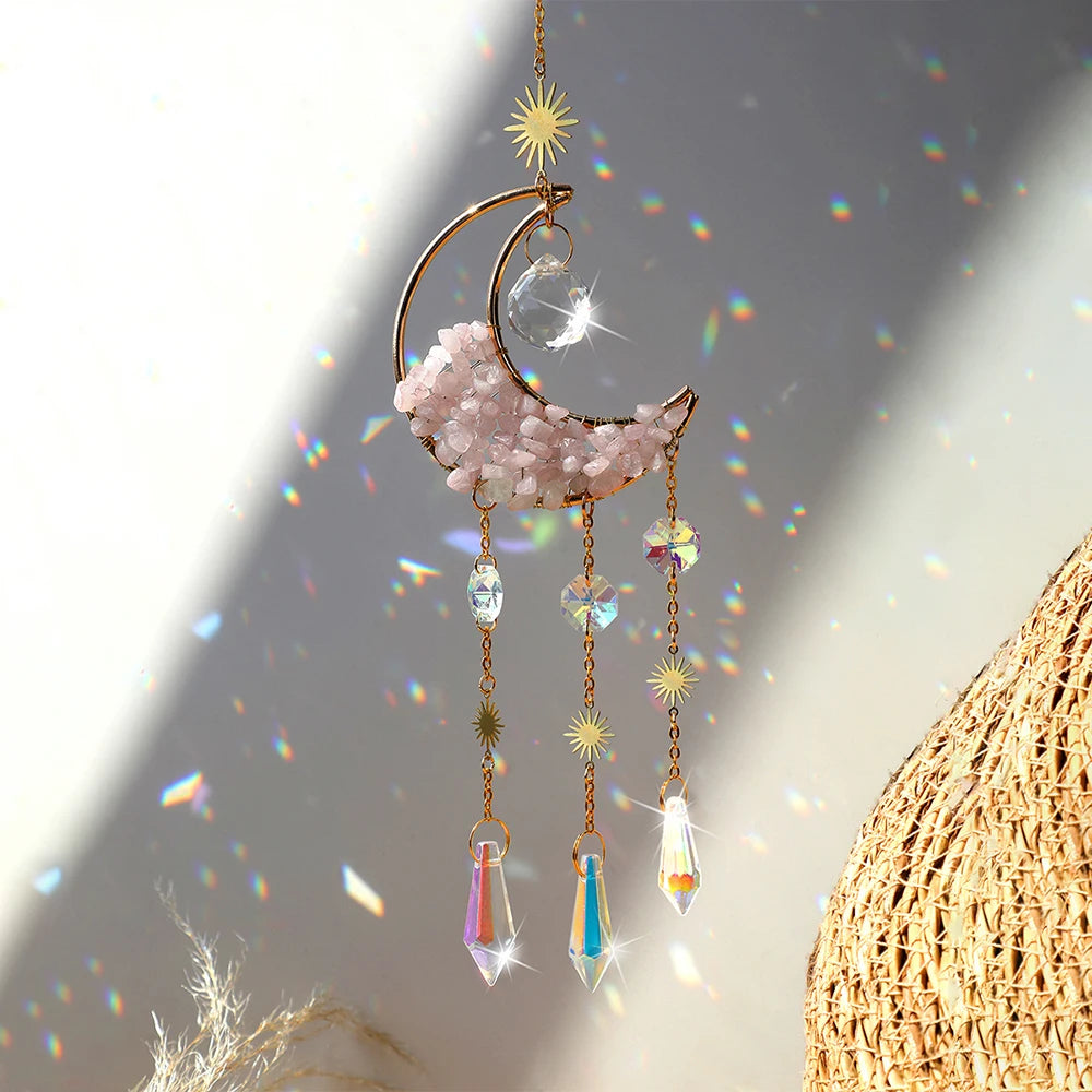 Celestial Crystal Suncatcher — Moon & Rainbow Window Prism | Starseed