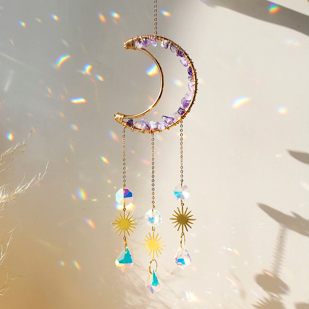 Celestial Crystal Suncatcher — Moon & Rainbow Window Prism | Starseed