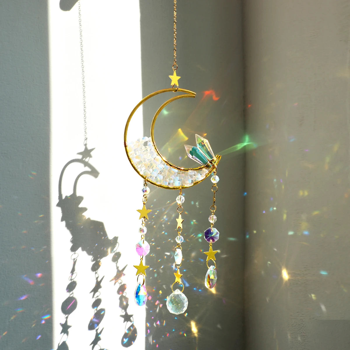 Celestial Crystal Suncatcher — Moon & Rainbow Window Prism | Starseed