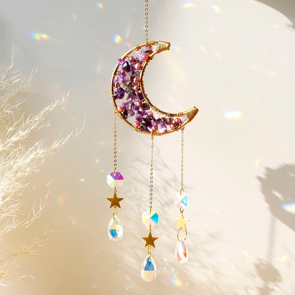 Celestial Crystal Suncatcher — Moon & Rainbow Window Prism | Starseed