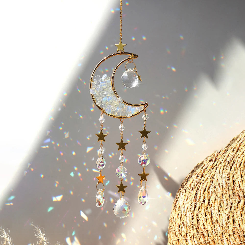 Celestial Crystal Suncatcher — Moon & Rainbow Window Prism | Starseed