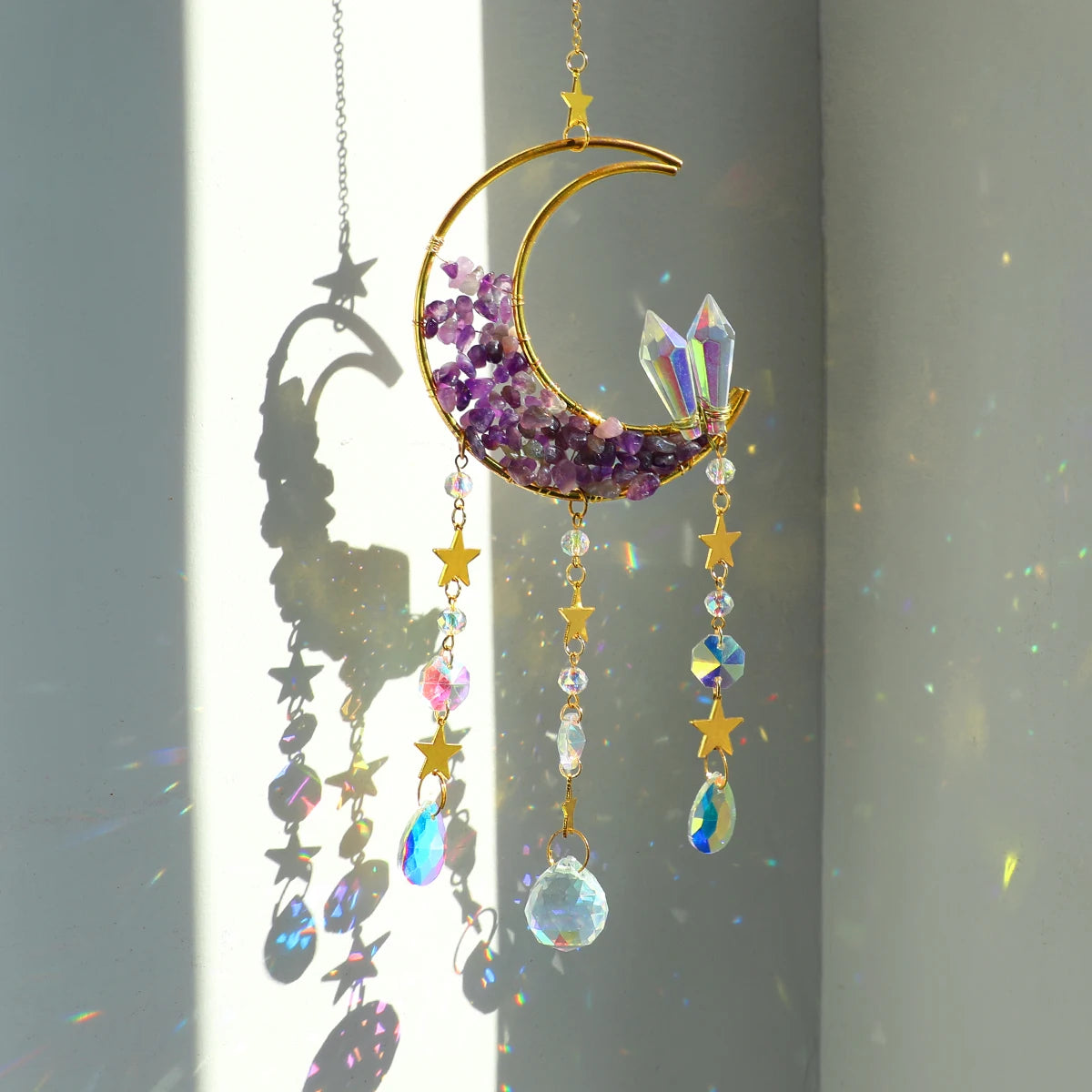 Celestial Crystal Suncatcher — Moon & Rainbow Window Prism | Starseed