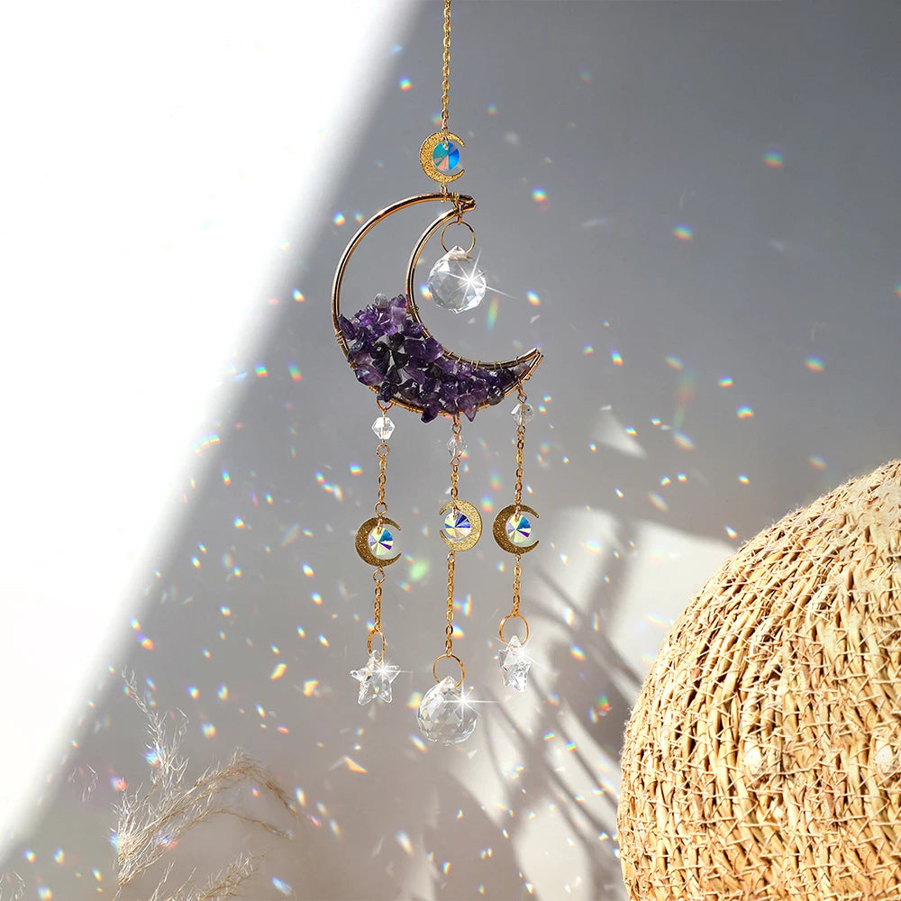 Celestial Crystal Suncatcher — Moon & Rainbow Window Prism | Starseed